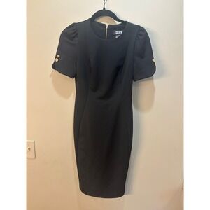 DKNY Black Sheath Dress Puff Sleeve‎ Gold Accents Career Cocktail Size 2